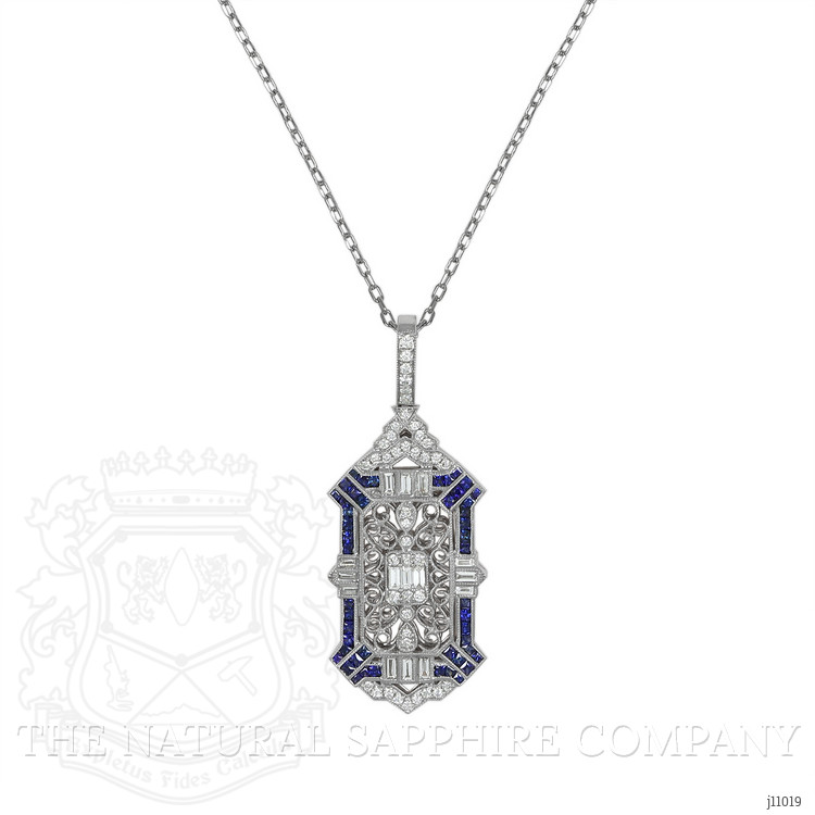 1.24 Ct. Blue Sapphire and Natural Diamond Antique Style Pendant, 18K White Gold
