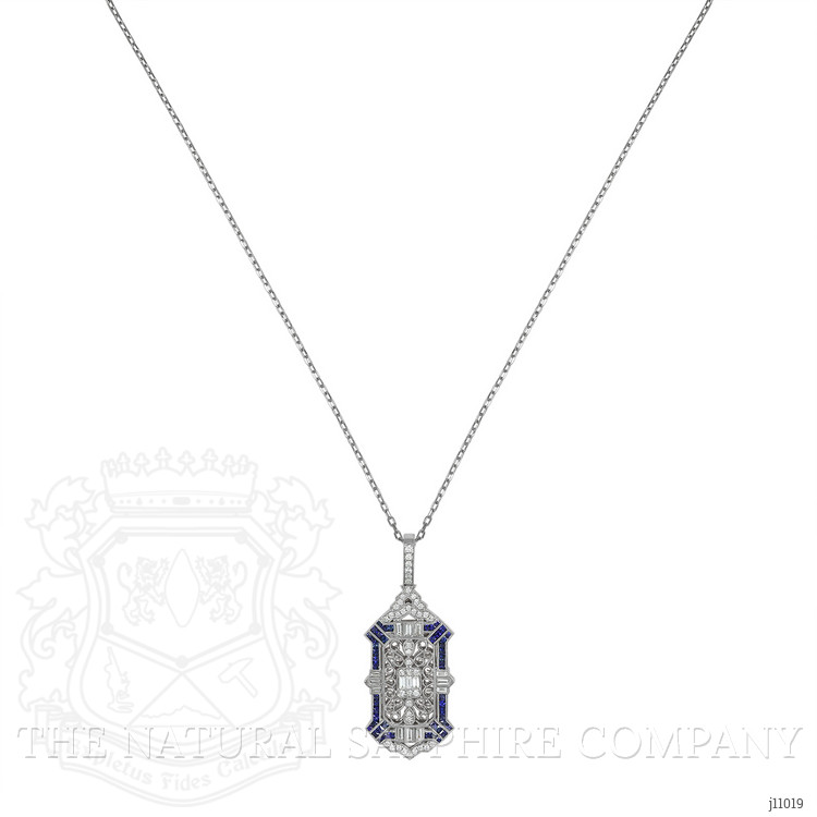 1.24 Ct. Blue Sapphire and Natural Diamond Antique Style Pendant, 18K White Gold