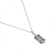 1.24 Ct. Blue Sapphire and Natural Diamond Antique Style Pendant, 18K White Gold Image