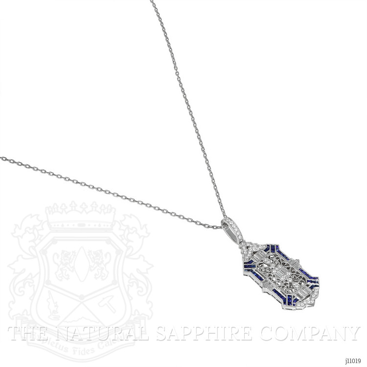 1.24 Ct. Blue Sapphire and Natural Diamond Antique Style Pendant, 18K White Gold