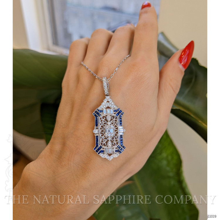 1.24 Ct. Blue Sapphire and Natural Diamond Antique Style Pendant, 18K White Gold