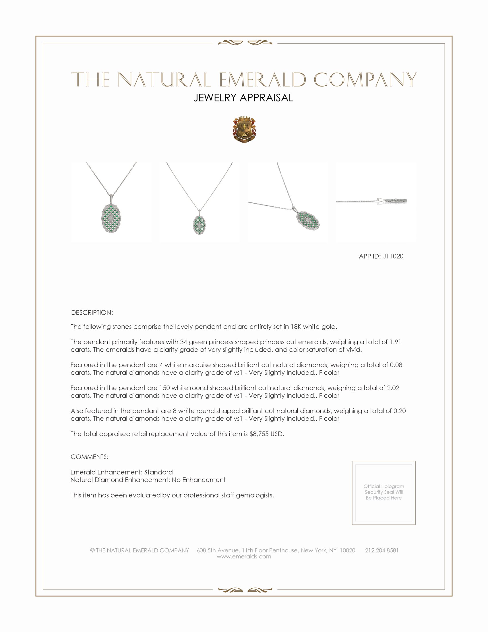 1.91 Ct. Emerald and Natural Diamond Antique Style Pendant, 18K White Gold