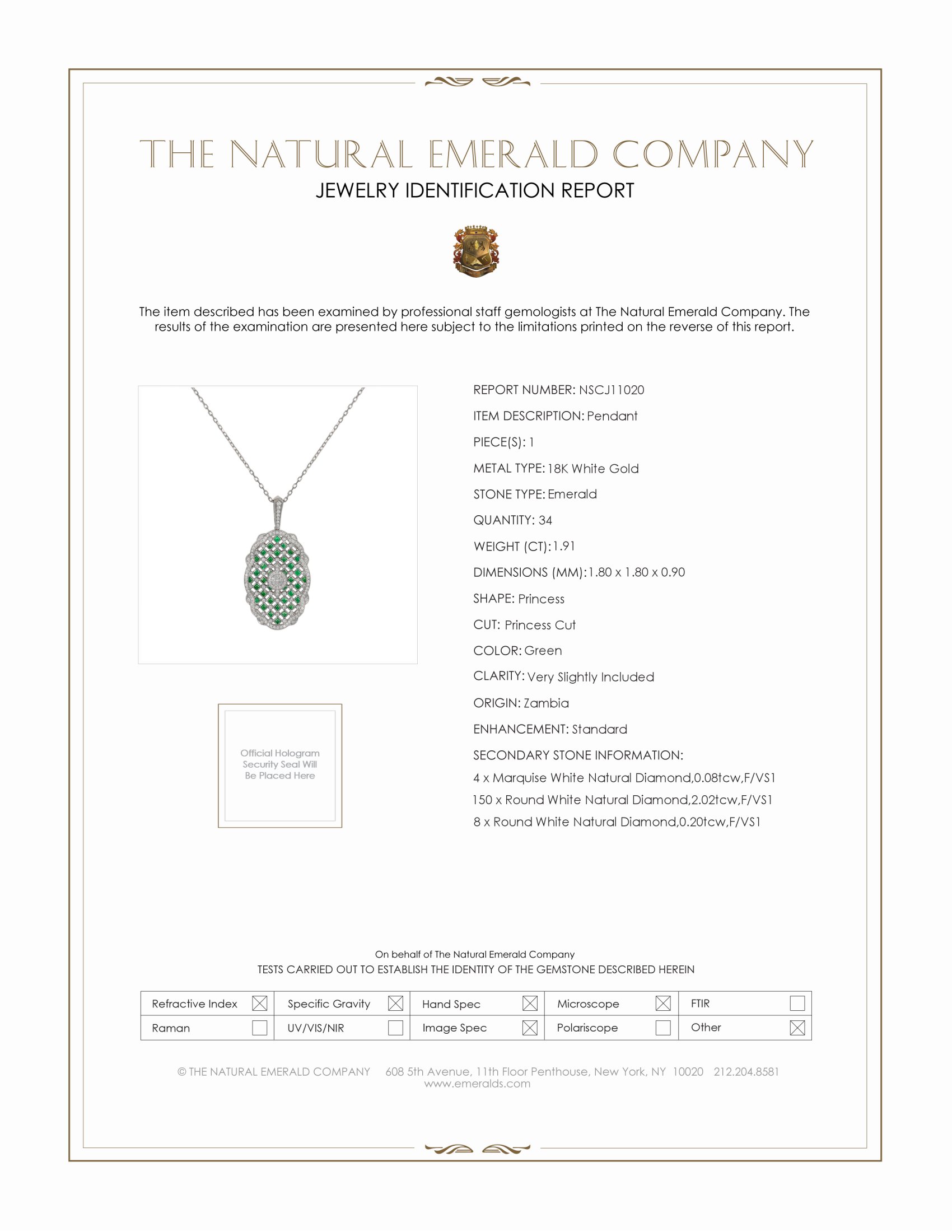 1.91 Ct. Emerald Natural Diamond Antique Style Pendant, 18K White Gold
