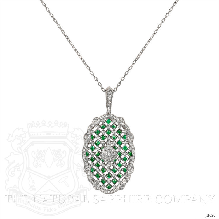 1.91 Ct. Emerald Natural Diamond Antique Style Pendant, 18K White Gold