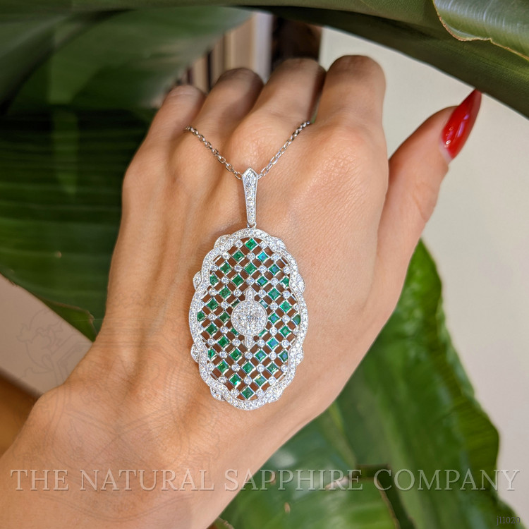 1.91 Ct. Emerald Natural Diamond Antique Style Pendant, 18K White Gold