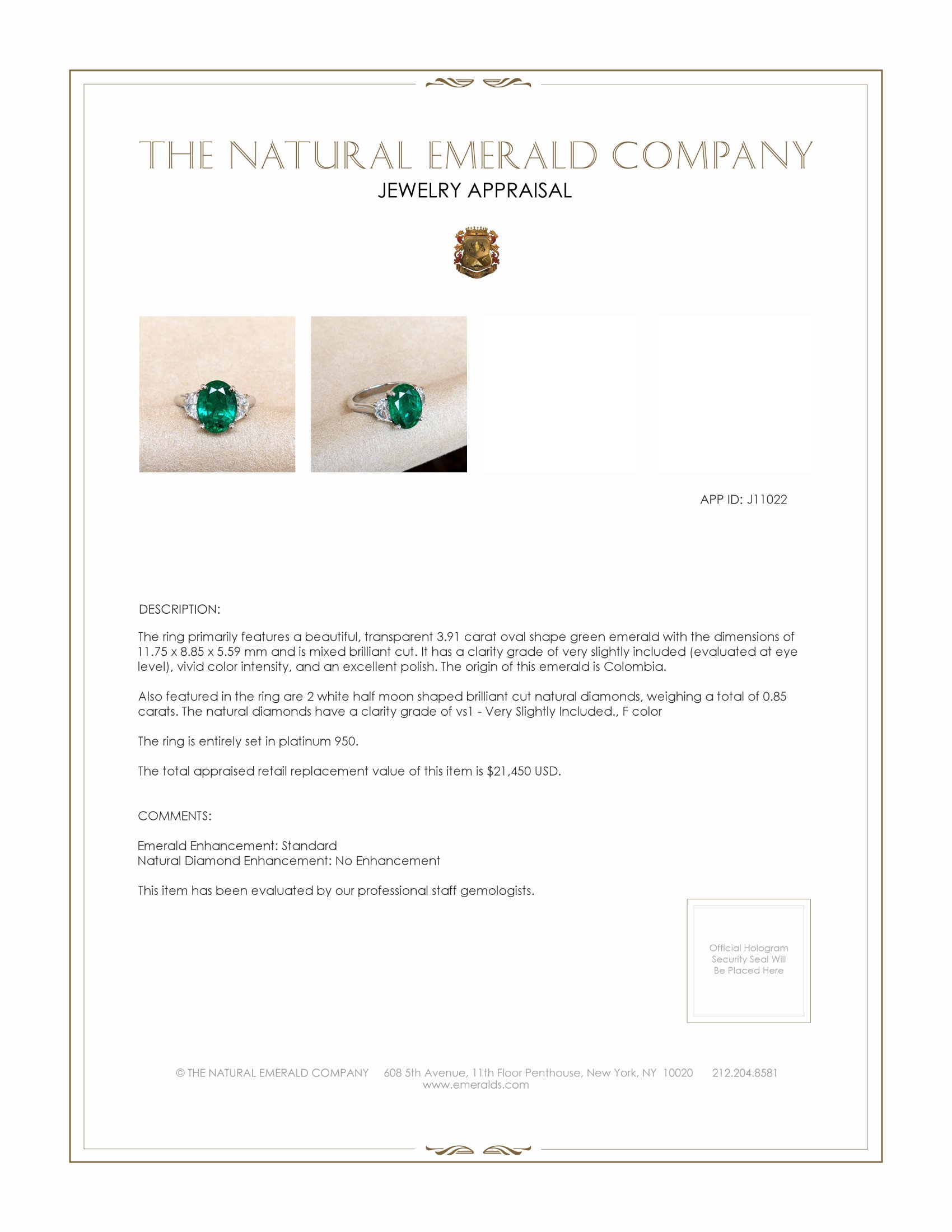 3.91 Ct. Emerald and Natural Diamond Three Stone Ring, Platinum 950