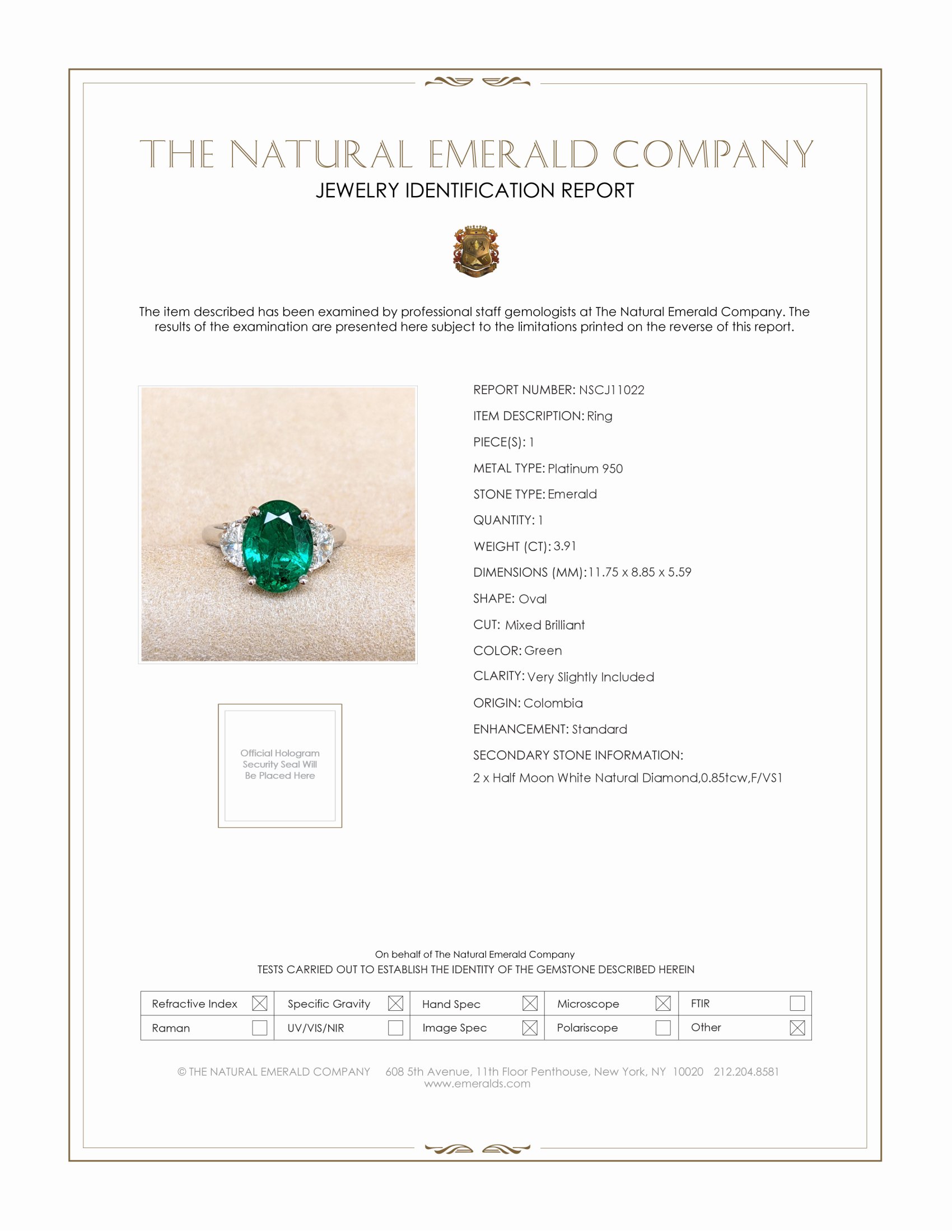 3.91 Ct. Emerald and Natural Diamond Three Stone Ring, Platinum 950