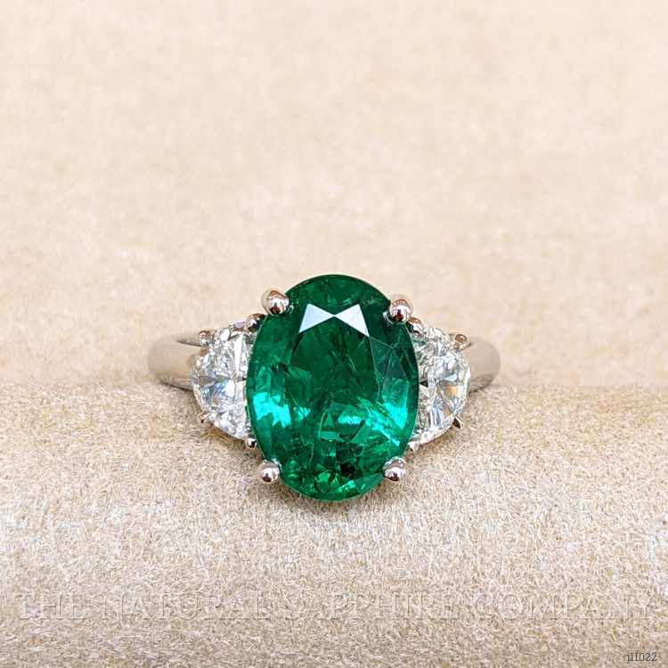 3.91 Ct. Emerald Natural Diamond Three Stone Ring, Platinum 950