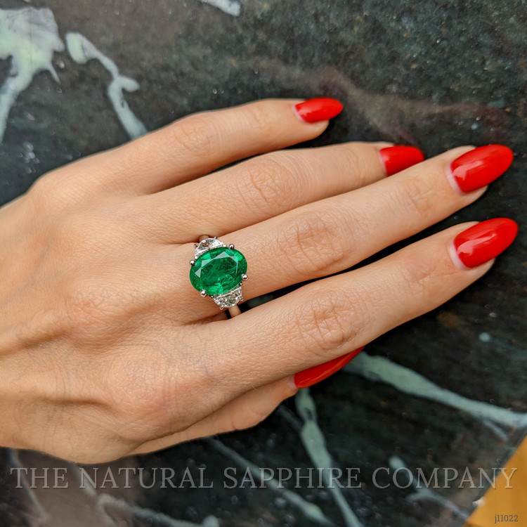 3.91 Ct. Emerald Natural Diamond Three Stone Ring, Platinum 950