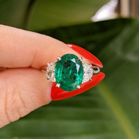 3.91 Ct. Emerald Natural Diamond Three Stone Ring, Platinum 950 Life Style
