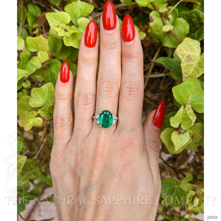 3.91 Ct. Emerald Natural Diamond Three Stone Ring, Platinum 950