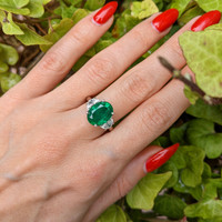 3.91 Ct. Emerald Natural Diamond Three Stone Ring, Platinum 950 Life Style