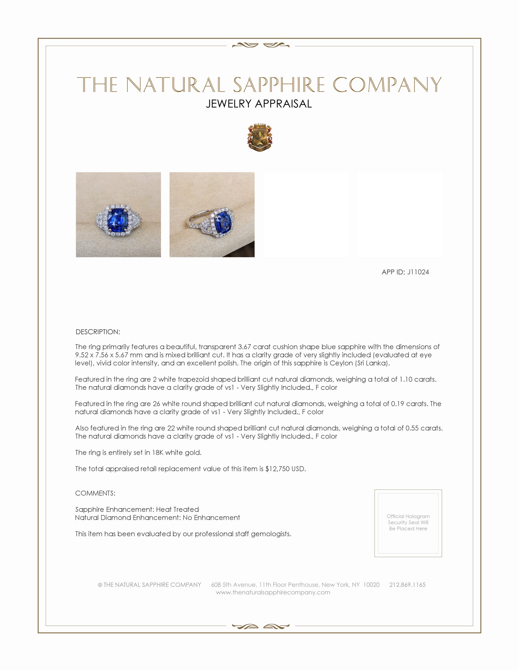 3.67 Ct. Blue Sapphire and Natural Diamond Antique Style Ring, 18K White Gold