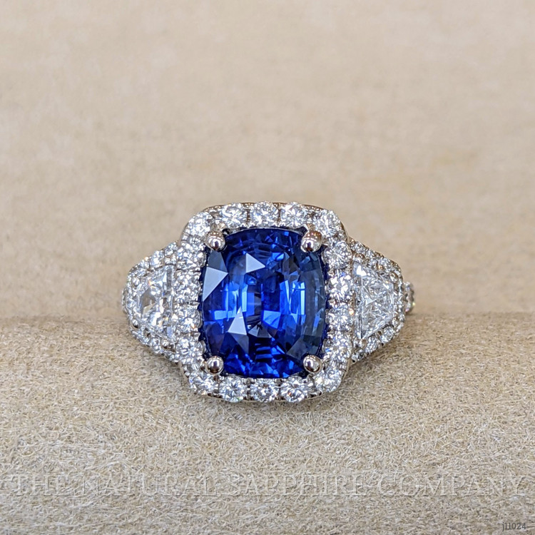 3.67 Ct. Blue Sapphire and Natural Diamond Antique Style Ring, 18K White Gold