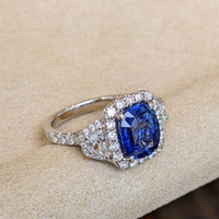 3.67 Ct. Blue Sapphire and Natural Diamond Antique Style Ring, 18K White Gold Image