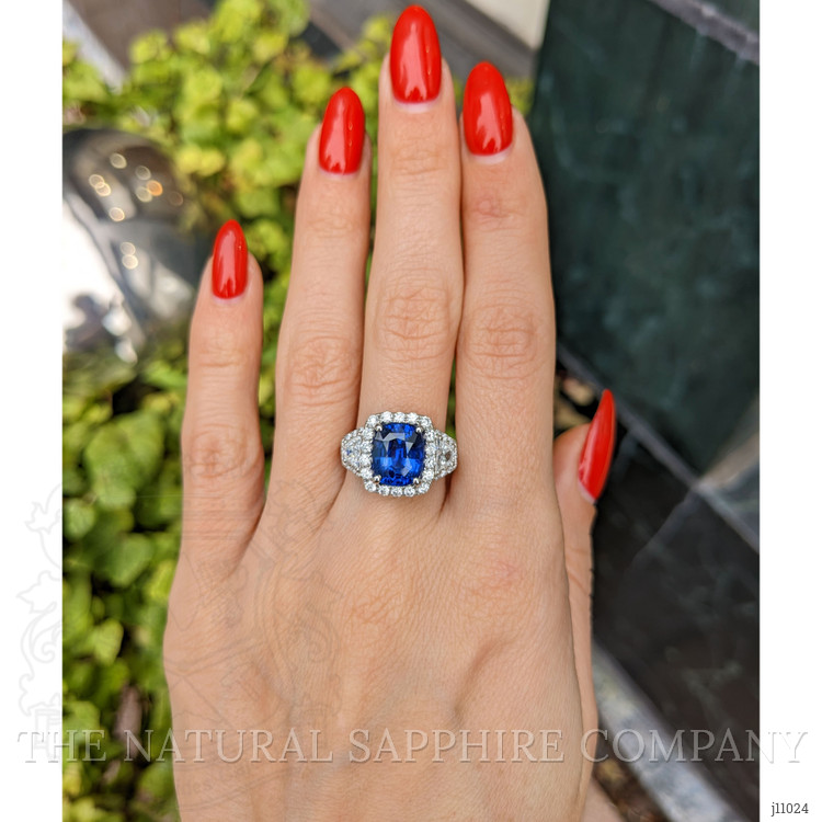 3.67 Ct. Blue Sapphire and Natural Diamond Antique Style Ring, 18K White Gold
