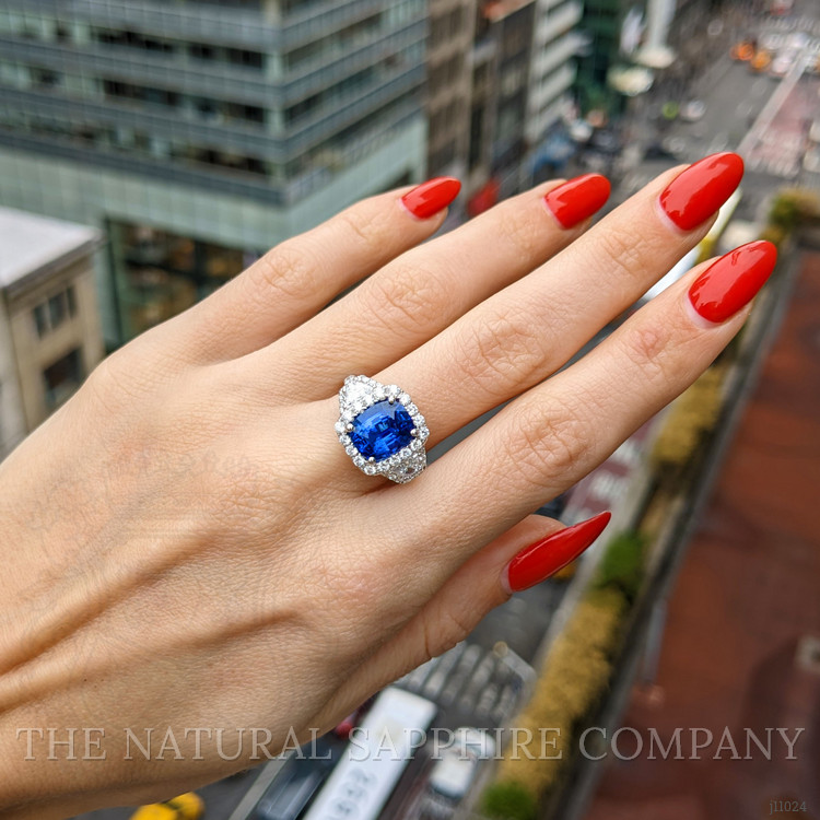 3.67 Ct. Blue Sapphire and Natural Diamond Antique Style Ring, 18K White Gold