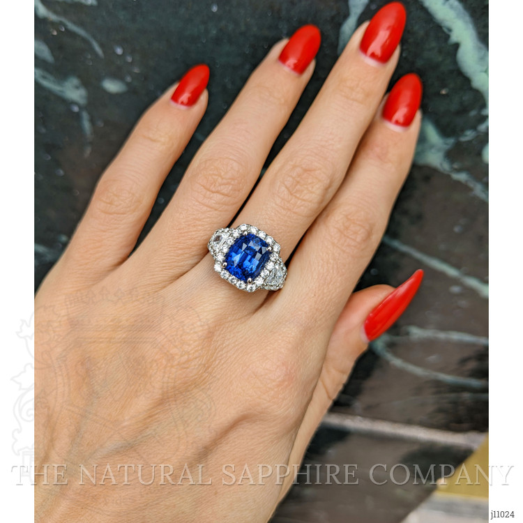 3.67 Ct. Blue Sapphire and Natural Diamond Antique Style Ring, 18K White Gold