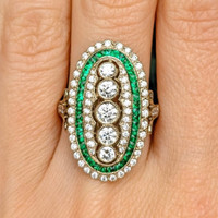 1.20 Ct. Emerald Natural Diamond Antique Style Ring, 18K Yellow Gold Image