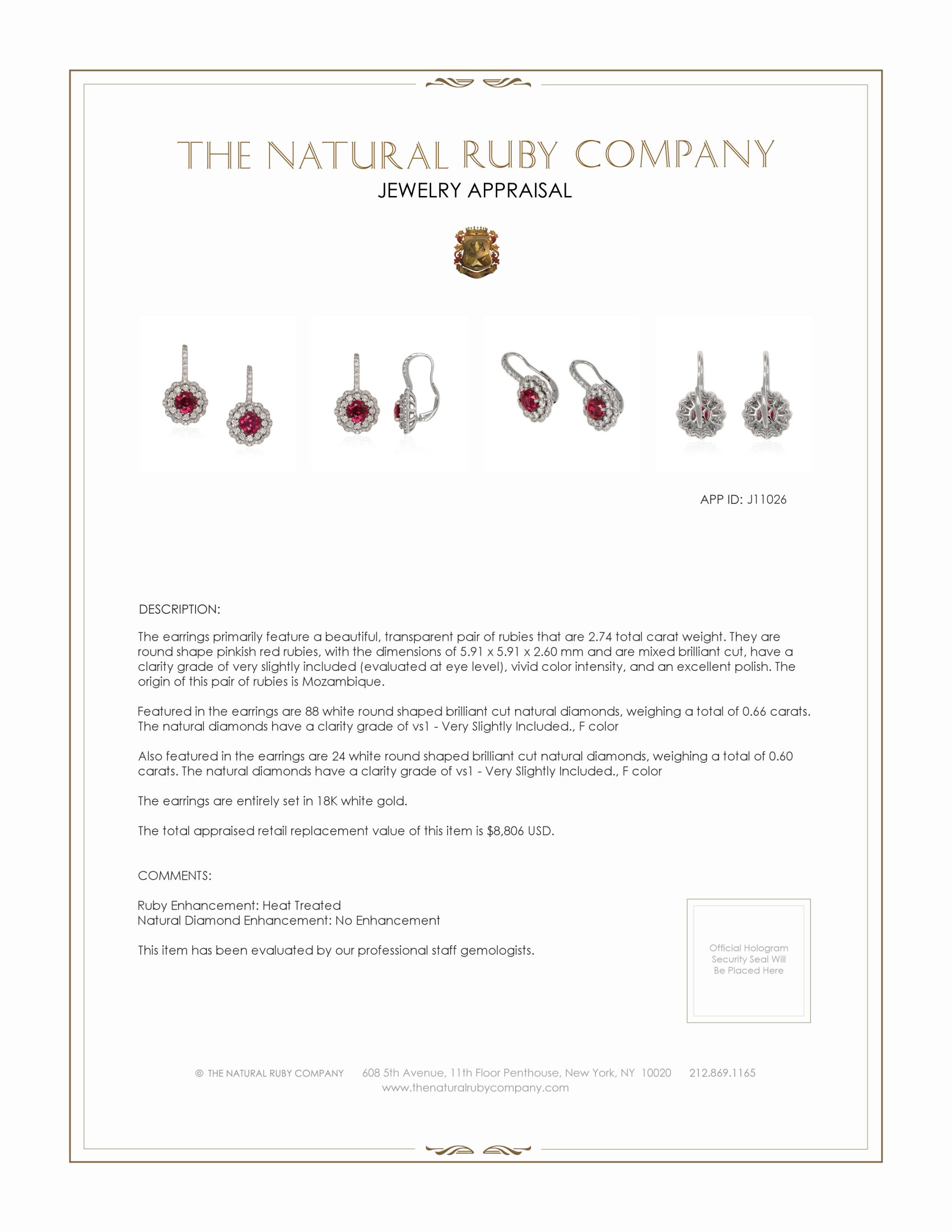 2.74 Ct.Tw. Pinkish Red Ruby and Natural Diamond Pave Earrings, 18K White Gold