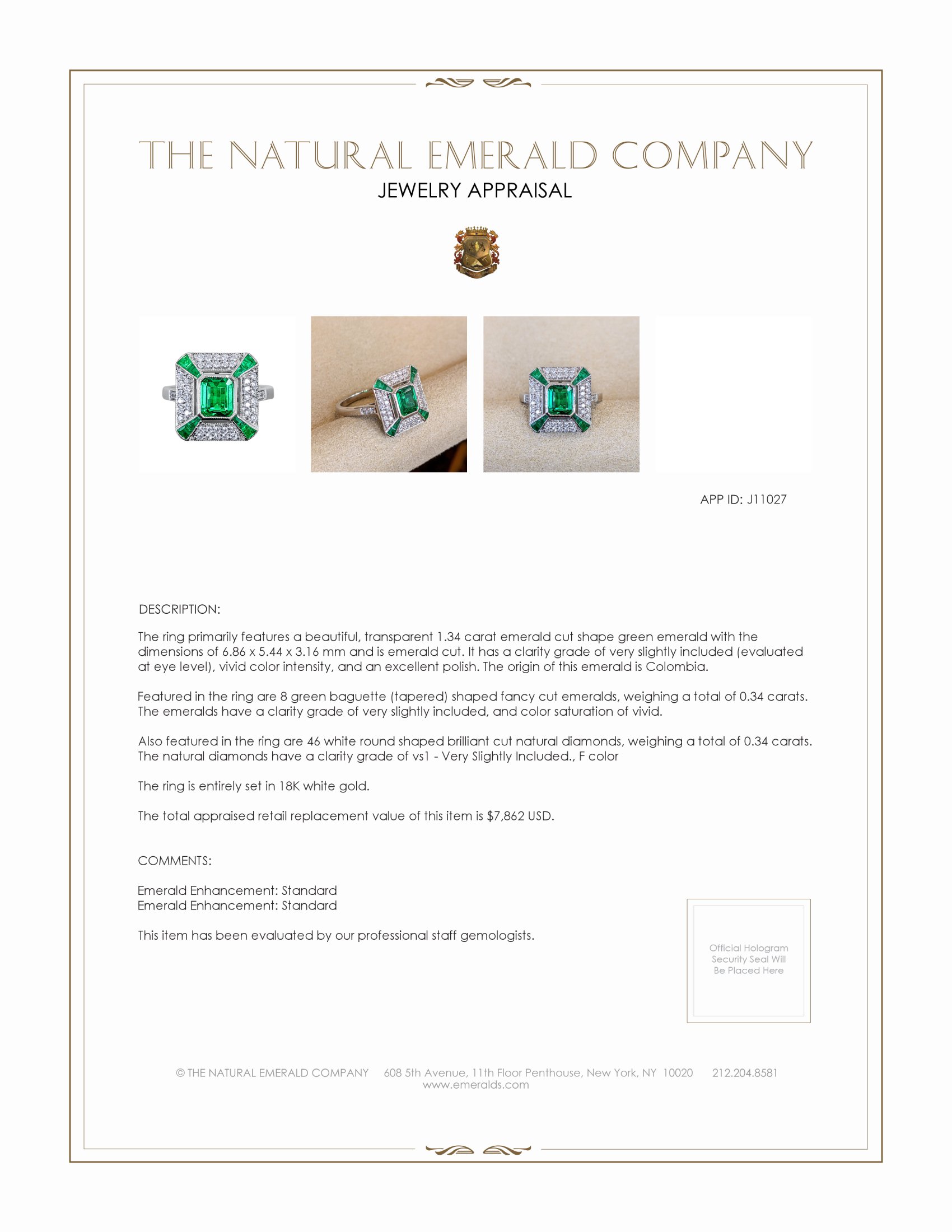 1.34 Ct. Emerald and Natural Diamond Antique Style Ring, 18K White Gold