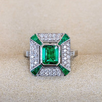 1.34 Ct. Emerald Emerald Antique Style Ring, 18K White Gold Image