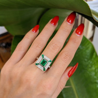 1.34 Ct. Emerald Emerald Antique Style Ring, 18K White Gold Life Style