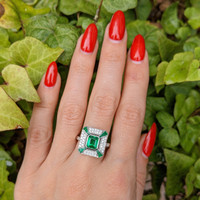 1.34 Ct. Emerald Emerald Antique Style Ring, 18K White Gold Life Style