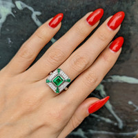 1.34 Ct. Emerald Emerald Antique Style Ring, 18K White Gold Life Style