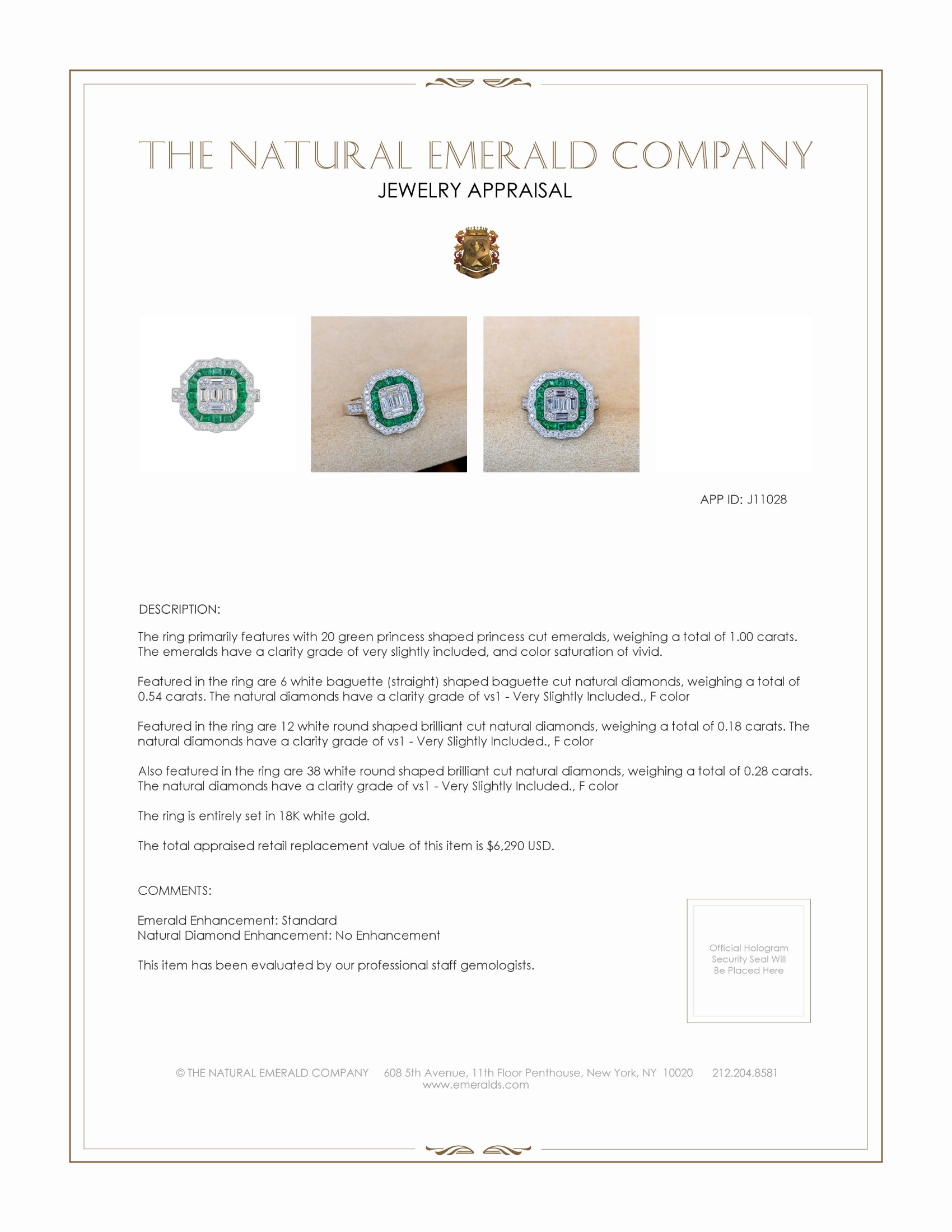 1.00 Ct. Emerald and Natural Diamond Antique Style Ring, 18K White Gold