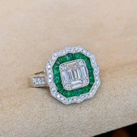 1.00 Ct. Emerald Natural Diamond Antique Style Ring, 18K White Gold Image