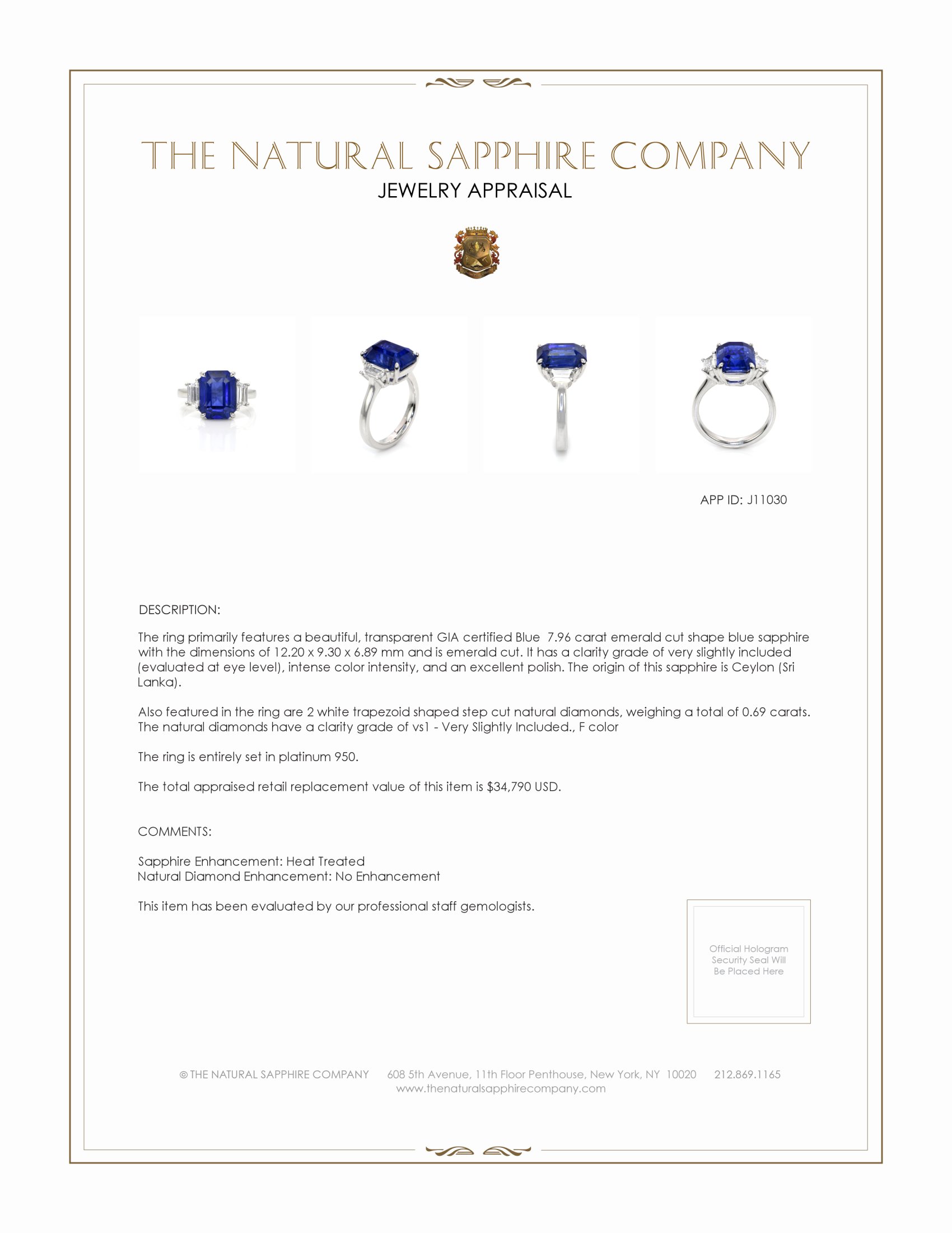 7.96 Ct. Blue Sapphire and Natural Diamond Three Stone Ring, Platinum 950