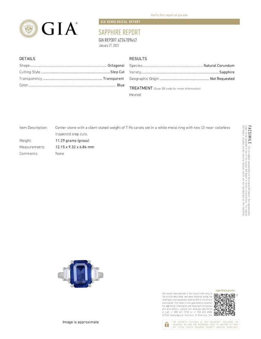 7.96 Ct. Blue Sapphire and Natural Diamond Three Stone Ring, Platinum 950