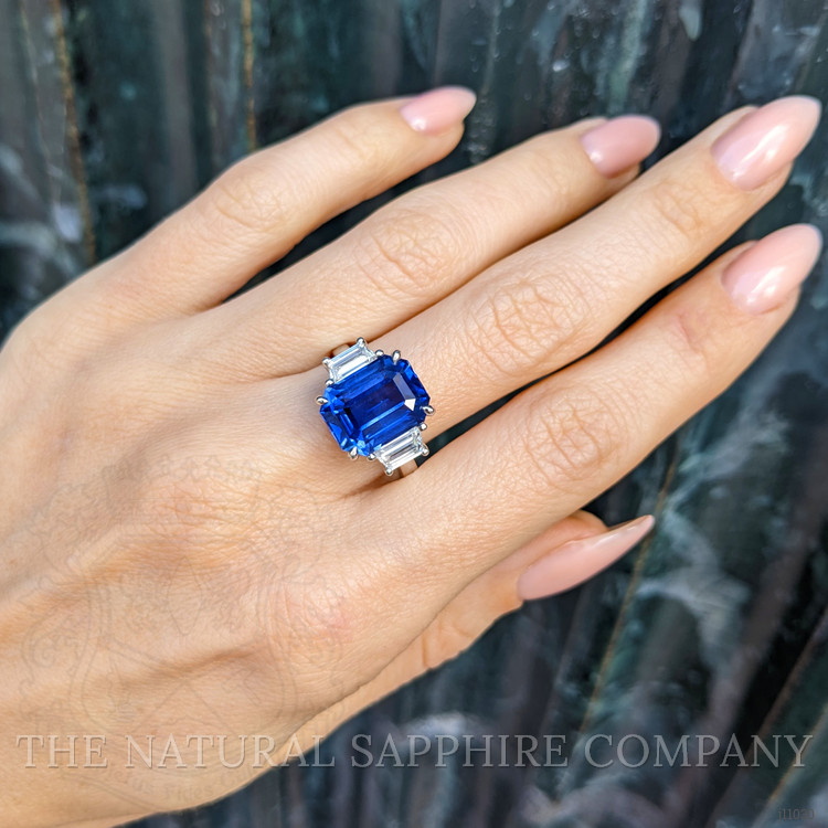 7.96 Ct. Blue Sapphire and Natural Diamond Three Stone Ring, Platinum 950