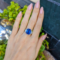 7.96 Ct. Blue Sapphire and Natural Diamond Three Stone Ring, Platinum 950 Life Style