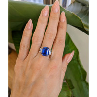7.96 Ct. Blue Sapphire and Natural Diamond Three Stone Ring, Platinum 950 Life Style
