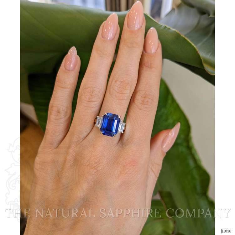 7.96 Ct. Blue Sapphire and Natural Diamond Three Stone Ring, Platinum 950