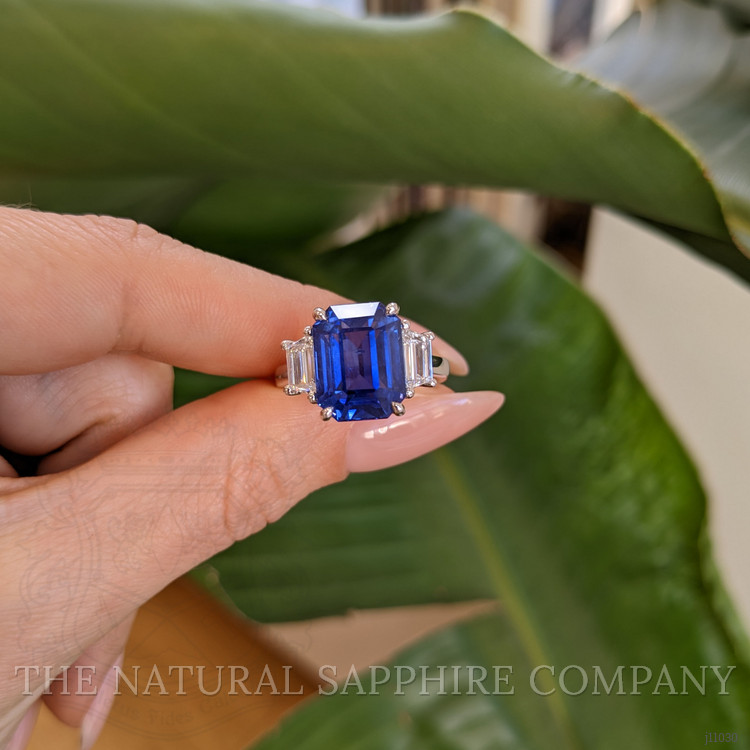 7.96 Ct. Blue Sapphire and Natural Diamond Three Stone Ring, Platinum 950