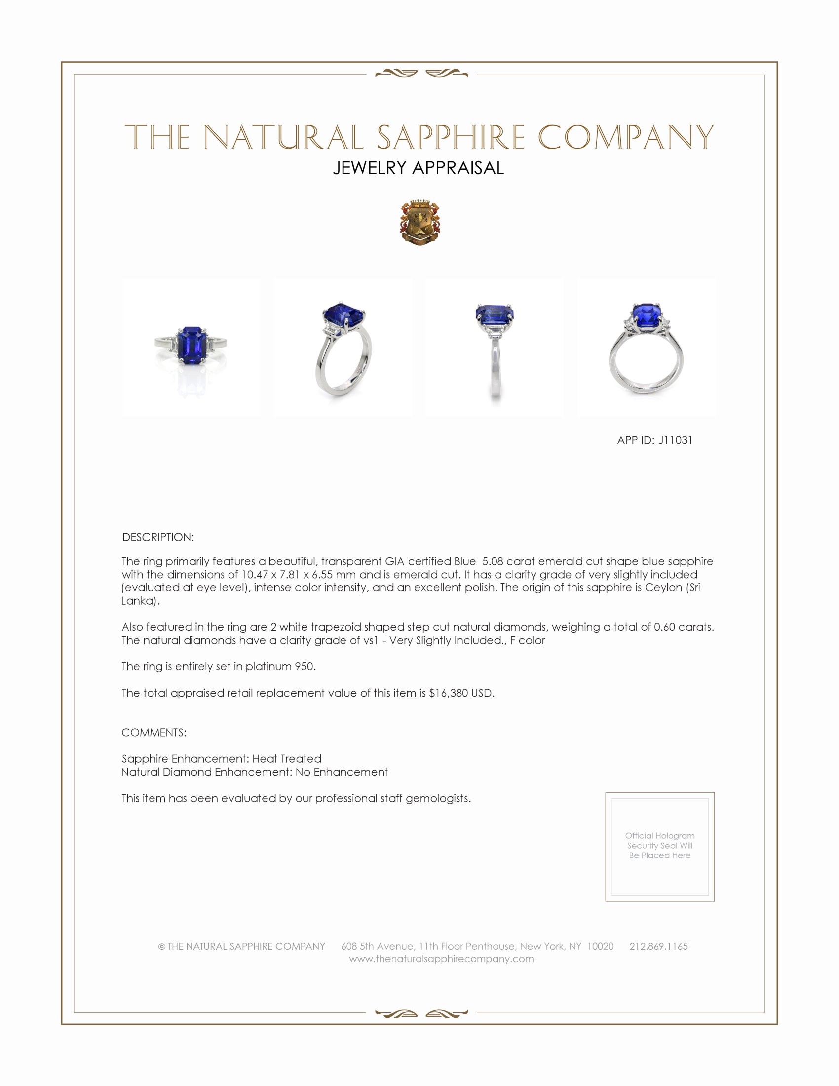 5.08 Ct. Blue Sapphire and Natural Diamond Three Stone Ring, Platinum 950