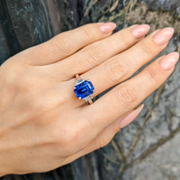 5.08 Ct. Blue Sapphire and Natural Diamond Three Stone Ring, Platinum 950 Life Style