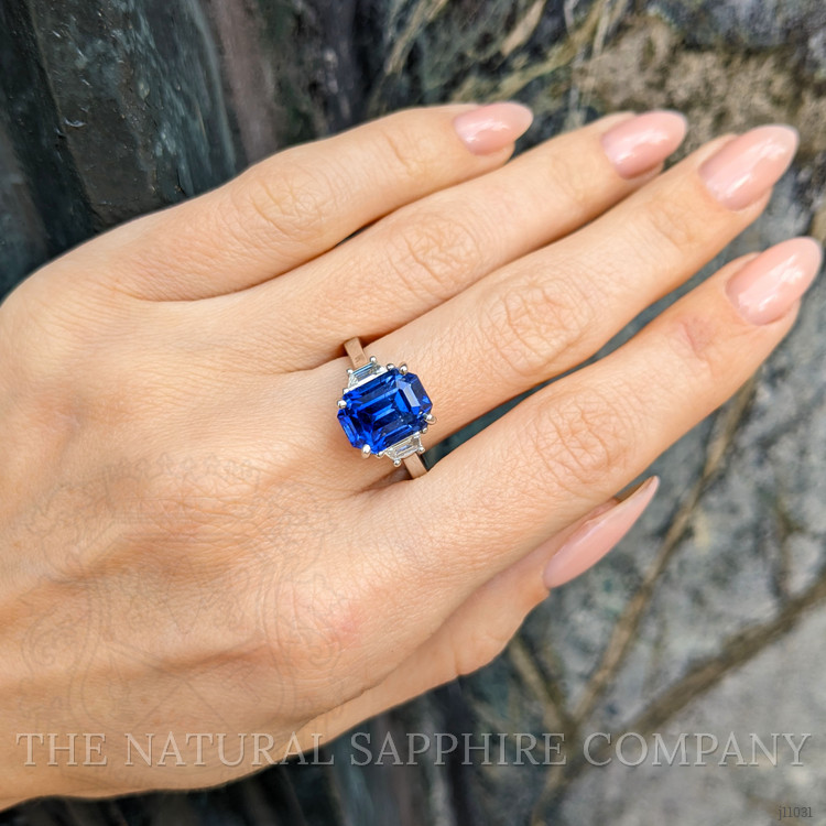 5.08 Ct. Blue Sapphire and Natural Diamond Three Stone Ring, Platinum 950
