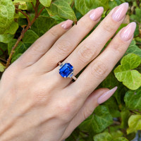 5.08 Ct. Blue Sapphire and Natural Diamond Three Stone Ring, Platinum 950 Life Style