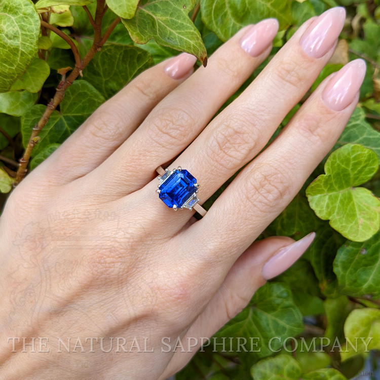 5.08 Ct. Blue Sapphire and Natural Diamond Three Stone Ring, Platinum 950