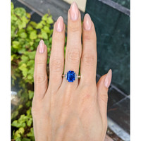 5.08 Ct. Blue Sapphire and Natural Diamond Three Stone Ring, Platinum 950 Life Style