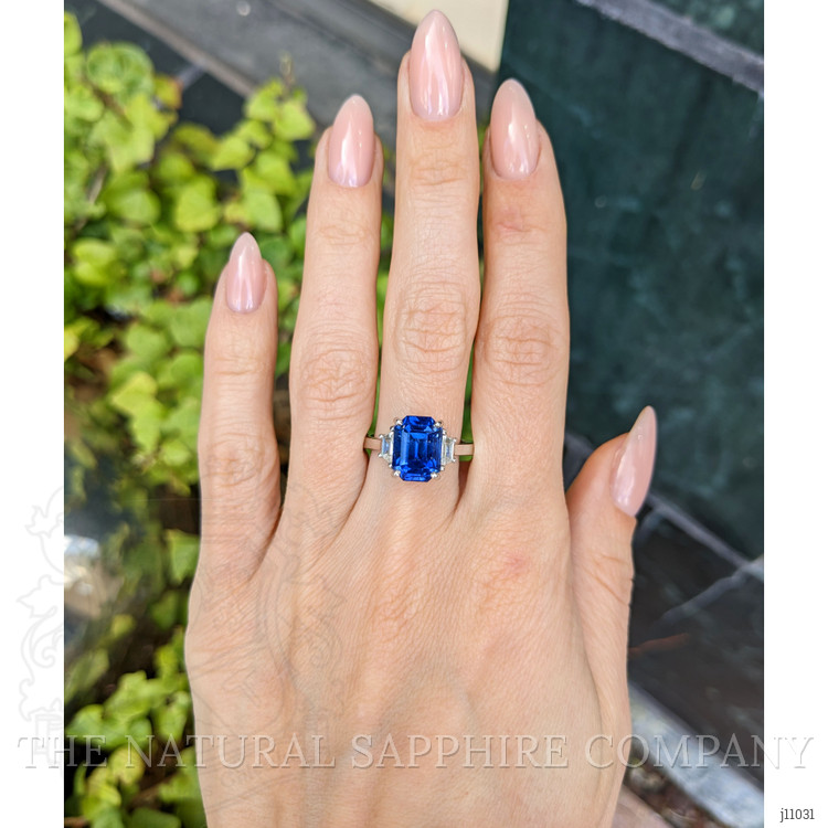 5.08 Ct. Blue Sapphire and Natural Diamond Three Stone Ring, Platinum 950