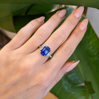 5.08 Ct. Blue Sapphire and Natural Diamond Three Stone Ring, Platinum 950 Life Style