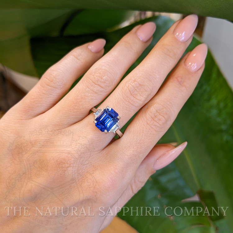 5.08 Ct. Blue Sapphire and Natural Diamond Three Stone Ring, Platinum 950
