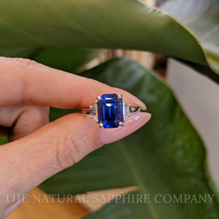 5.08 Ct. Blue Sapphire and Natural Diamond Three Stone Ring, Platinum 950