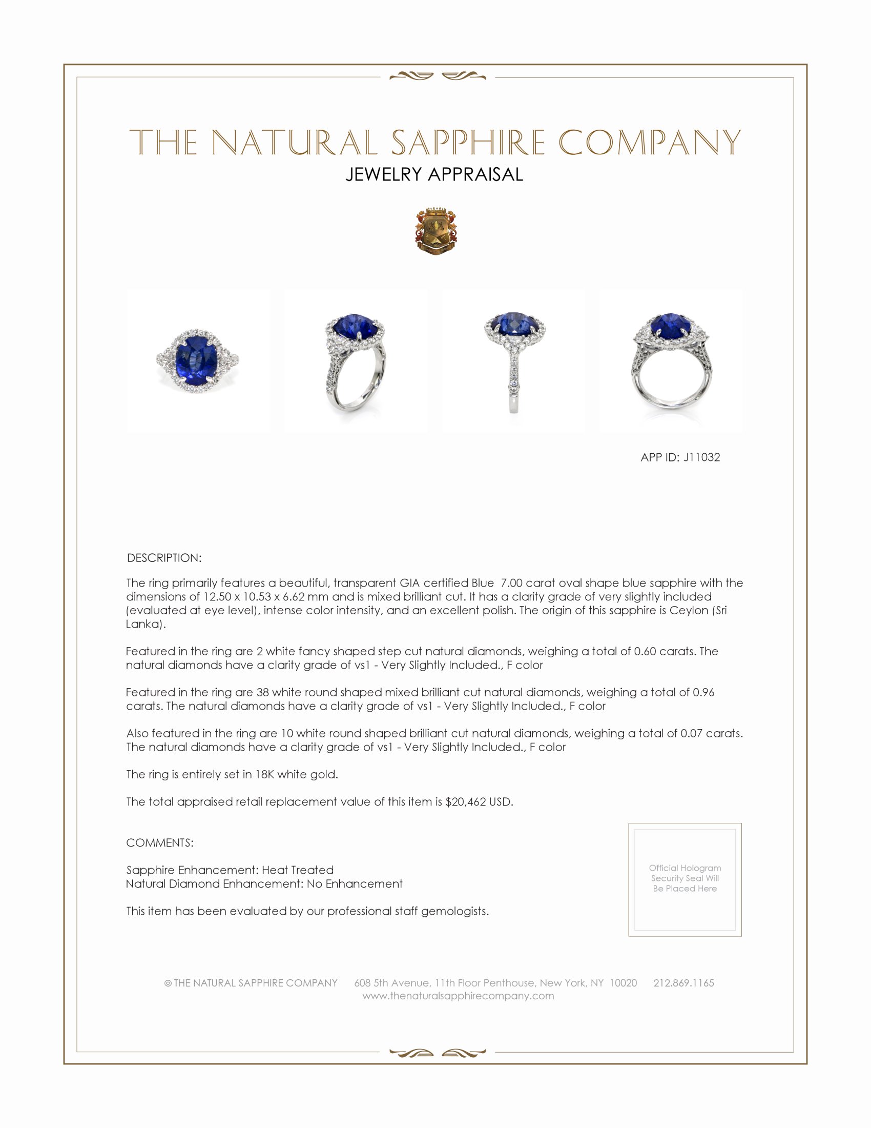 7.00 Ct. Blue Sapphire and Natural Diamond Antique Style Ring, 18K White Gold