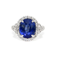 7.00 Ct. Blue Sapphire and Natural Diamond Antique Style Ring, 18K White Gold Video